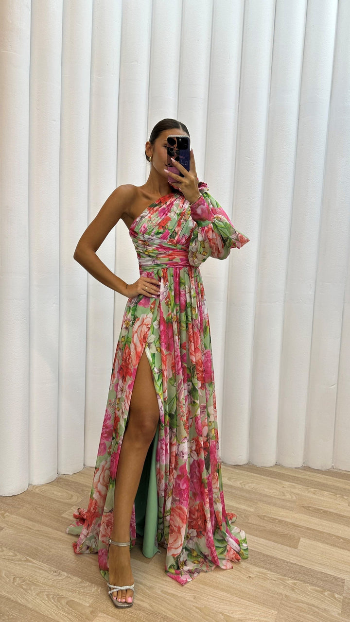 Anke Florales Chiffon-Sommerkleid One-Shoulder mit Beinschlitz Foto 3