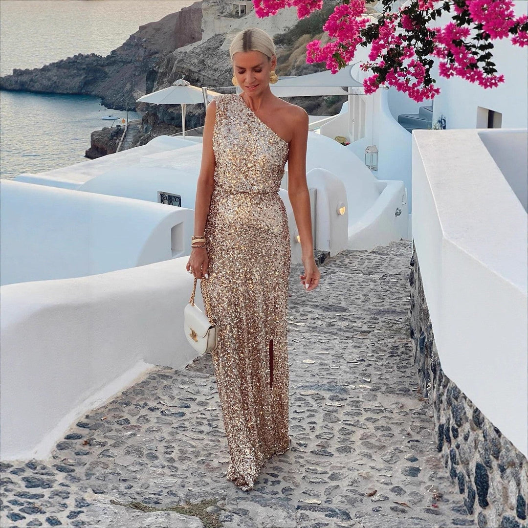 Astrid Pailletten-Abendkleid im One-Shoulder-Schnitt mit Beinschlitz Foto 4