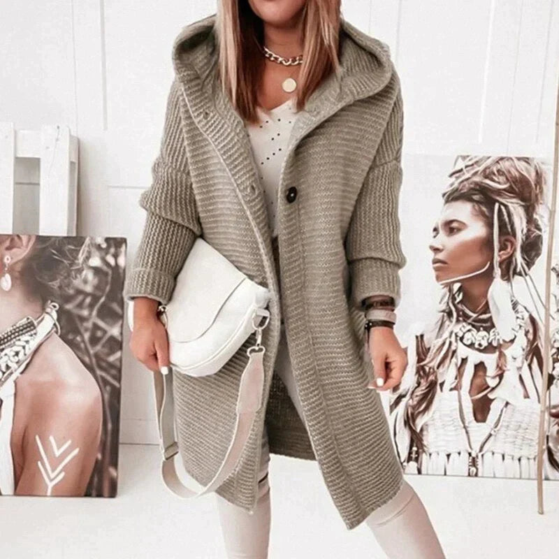 Damen Cardigan Lange mit Kapuze in Beige 1