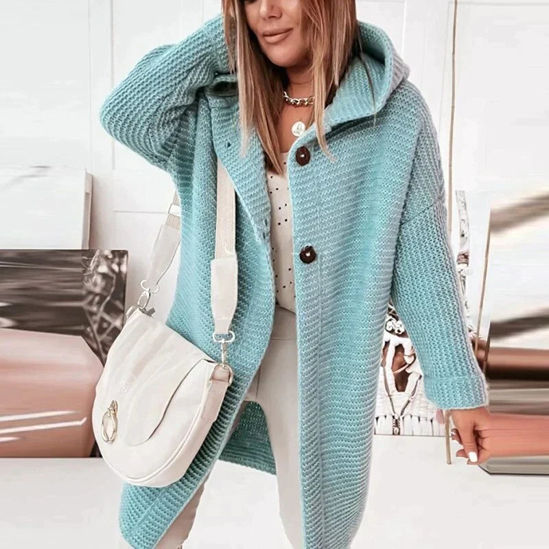 Damen Cardigan Lange mit Kapuze in Blau