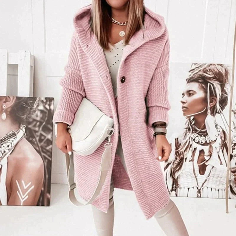 Damen Cardigan Lange mit Kapuze in Rosa 1