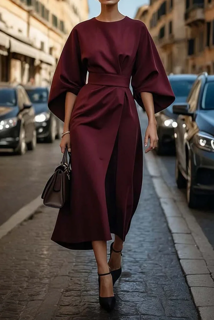 Damen Elegantes Abendkleid mit Laternen-Ärmeln in Bordeaux