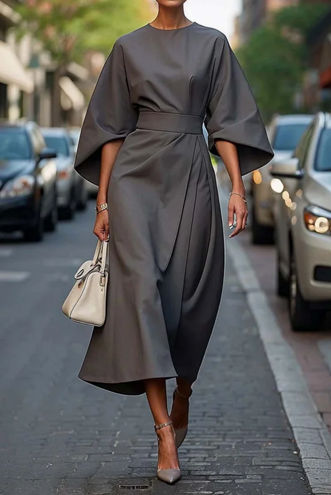 Damen Elegantes Abendkleid mit Laternen-Ärmeln in Grau