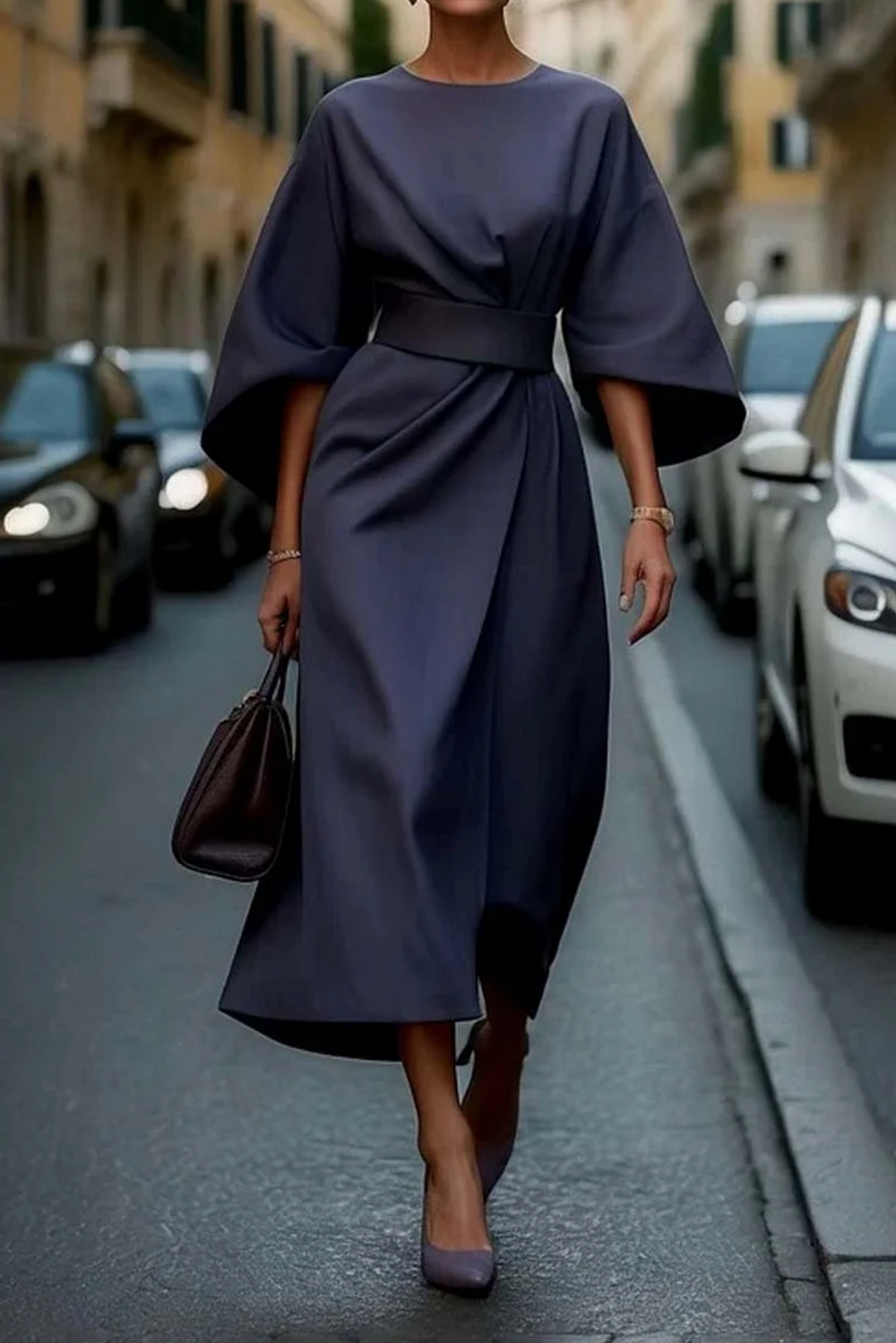Damen Elegantes Abendkleid mit Laternen-Ärmeln in Marineblau