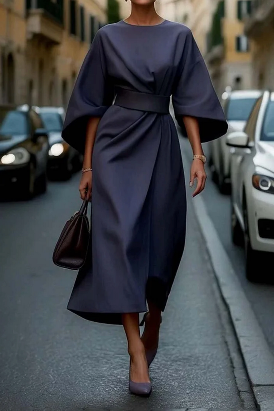 Damen Elegantes Abendkleid mit Laternen-Ärmeln in Marineblau