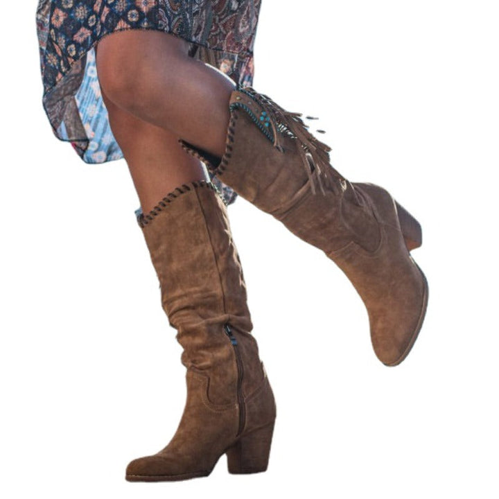 Damen Kniehohe Lederstiefel mit Blockabsatz (5)