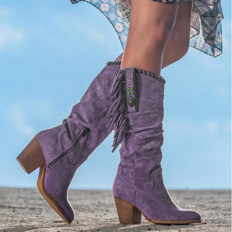 Damen Kniehohe Lederstiefel mit Blockabsatz in Lila