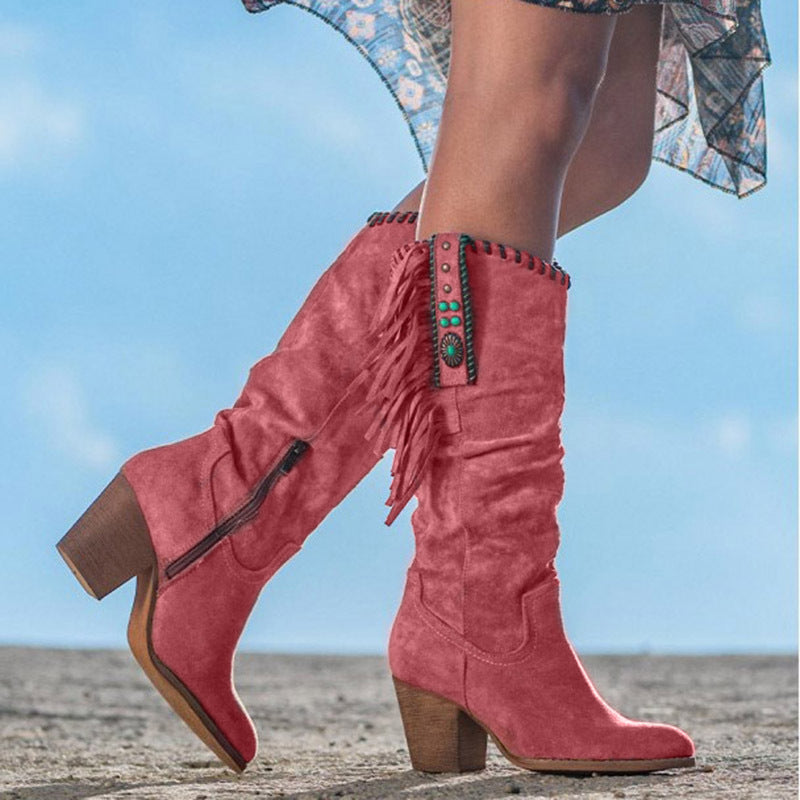 Damen Kniehohe Lederstiefel mit Blockabsatz in Rot