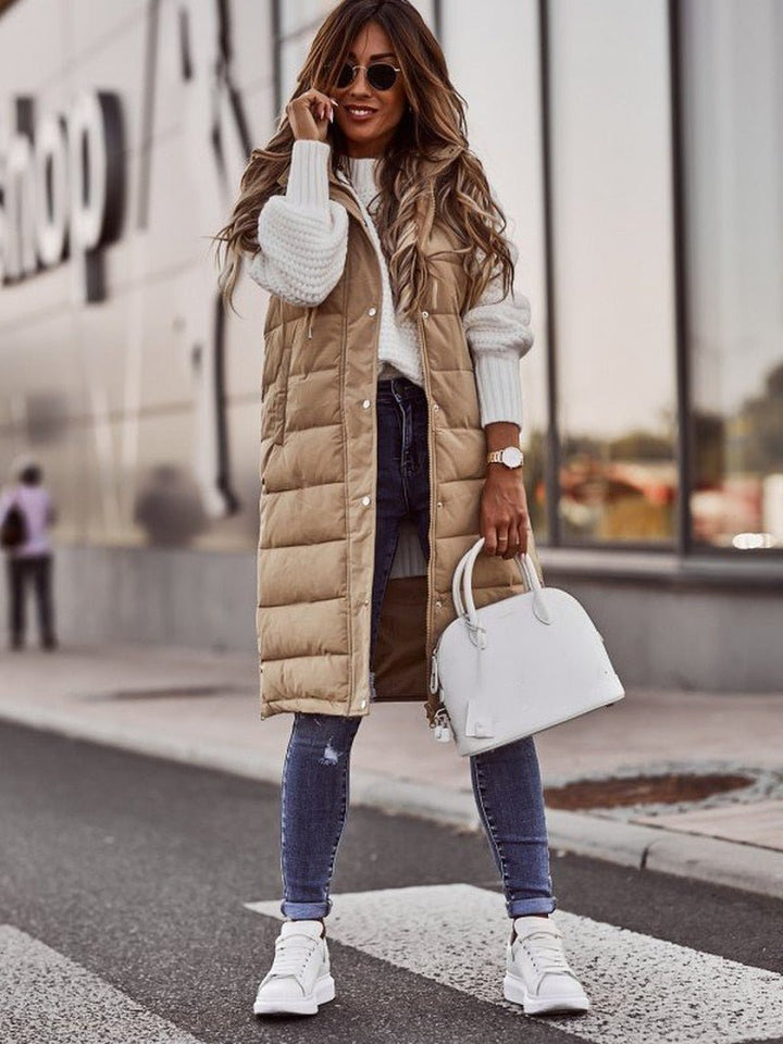 Damen Knielange Steppweste für Herbst in Beige 1