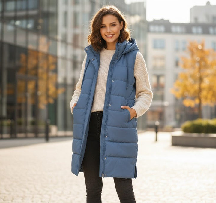 Damen Knielange Steppweste für Herbst in Blau