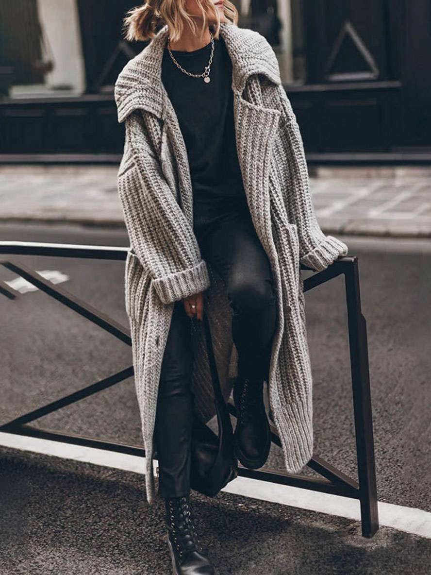 Damen Oversized Maxi Strickjacke aus Rippstrick in Grau