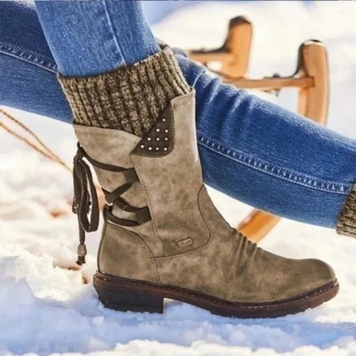 Damen Stiefel mit Pelzfutter für Herbst in Khaki