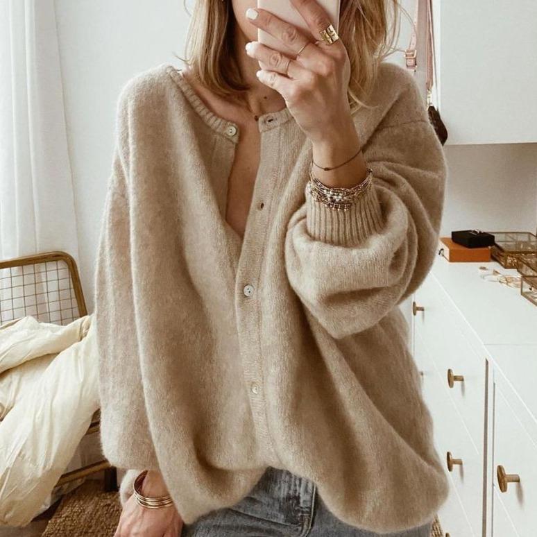 Damen Strickjacke Oversized im Flausch-Stil in Braun