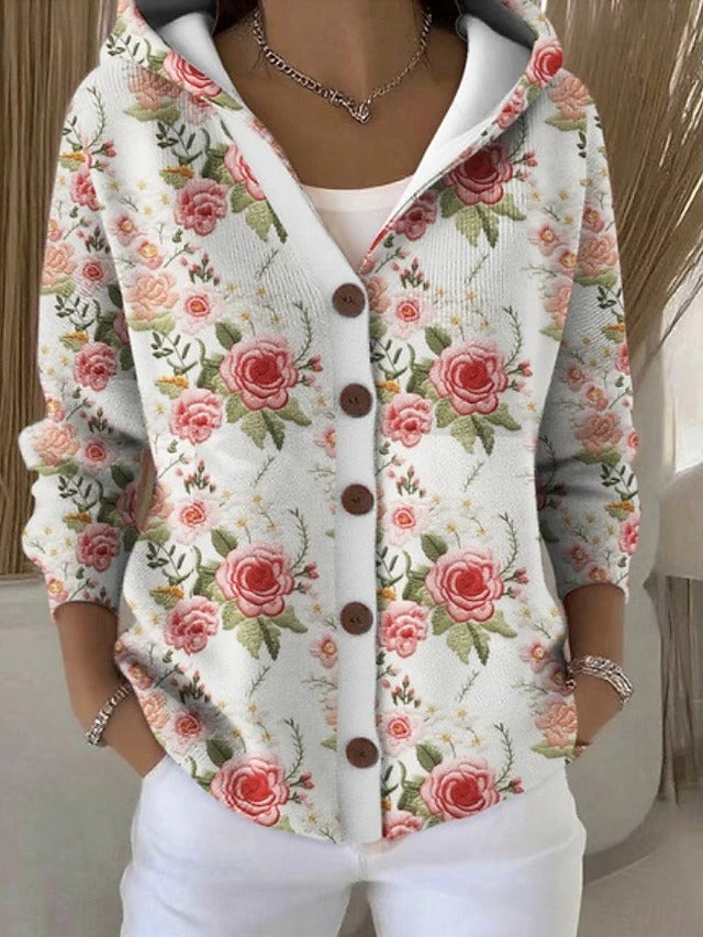 Damen Sweatshirt Elegant mit Kapuze in Floral White