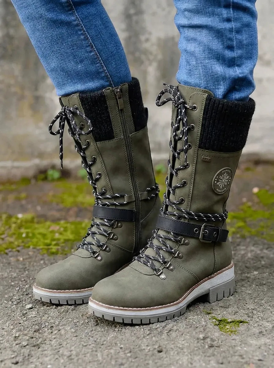 Damen Wadenstiefel mit Schnürung für Herbst in Grün