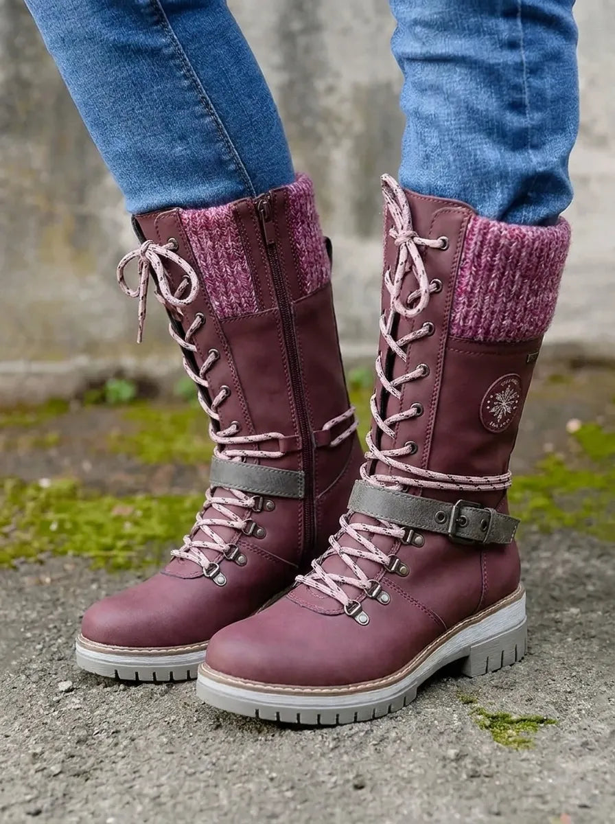 Damen Wadenstiefel mit Schnürung für Herbst in Lila