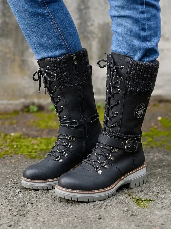 Damen Wadenstiefel mit Schnürung für Herbst in Schwarz