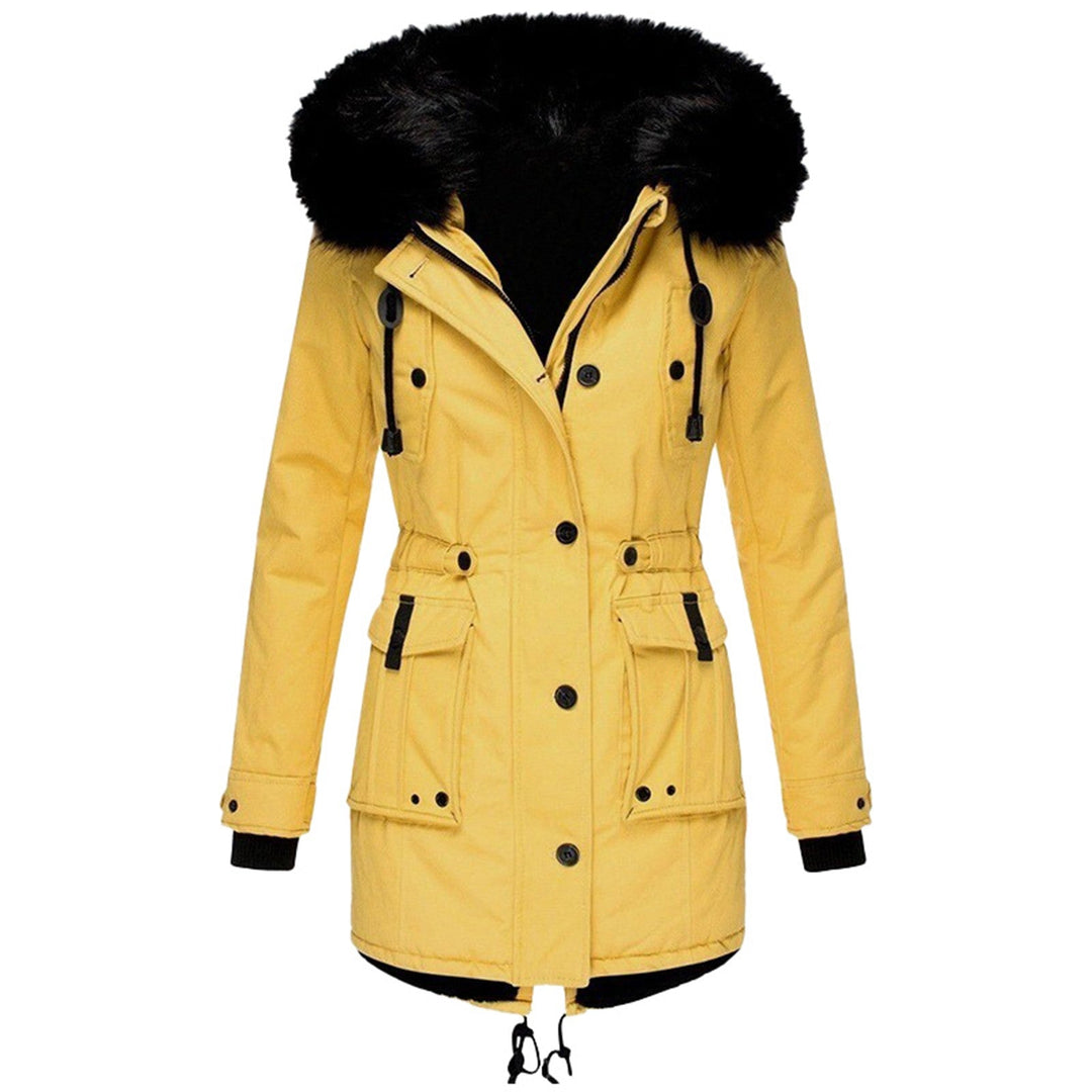 Damen Winterjacke warm mit Kunstpelzkapuze in Gelb