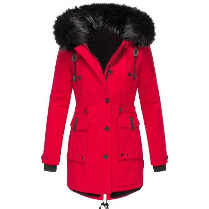 Damen Winterjacke warm mit Kunstpelzkapuze in Rot