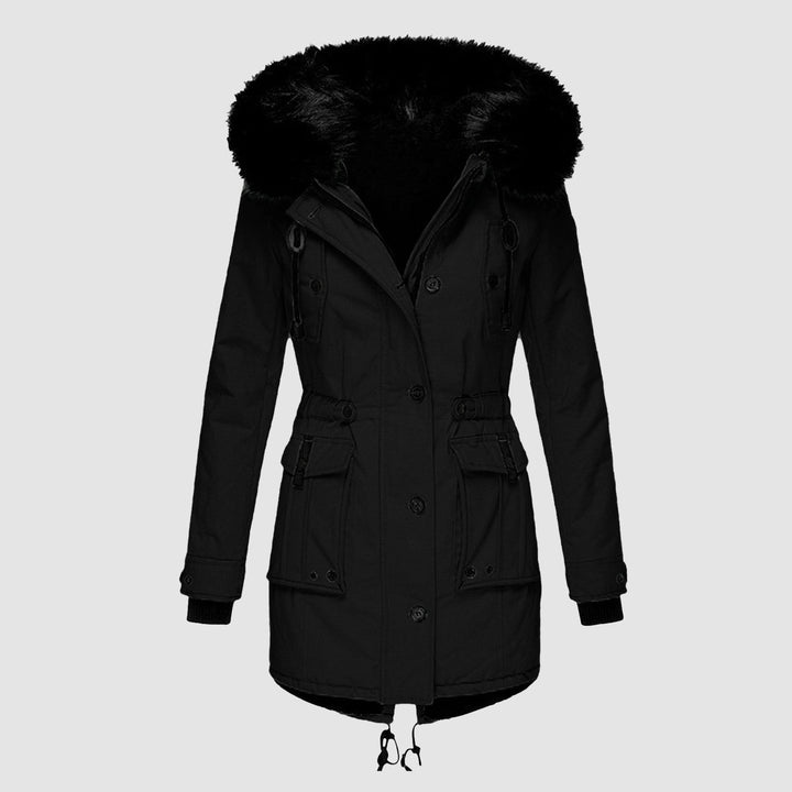 Damen Winterjacke warm mit Kunstpelzkapuze in Schwarz