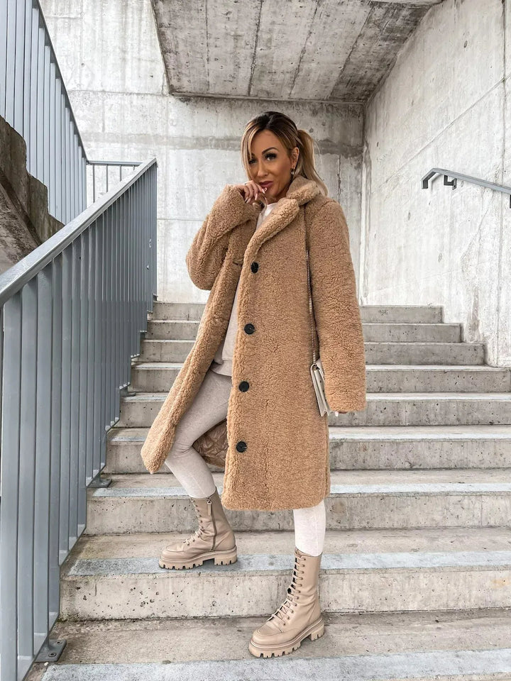 Damen Wintermantel aus Plüsch für Herbst in Beige
