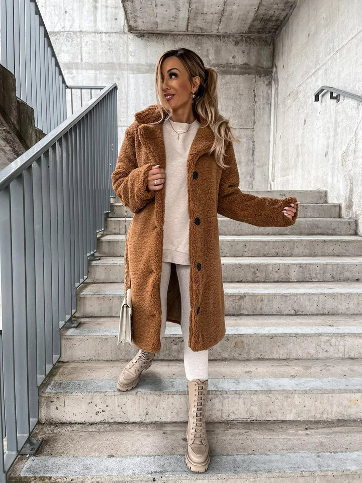 Damen Wintermantel aus Plüsch für Herbst in Braun
