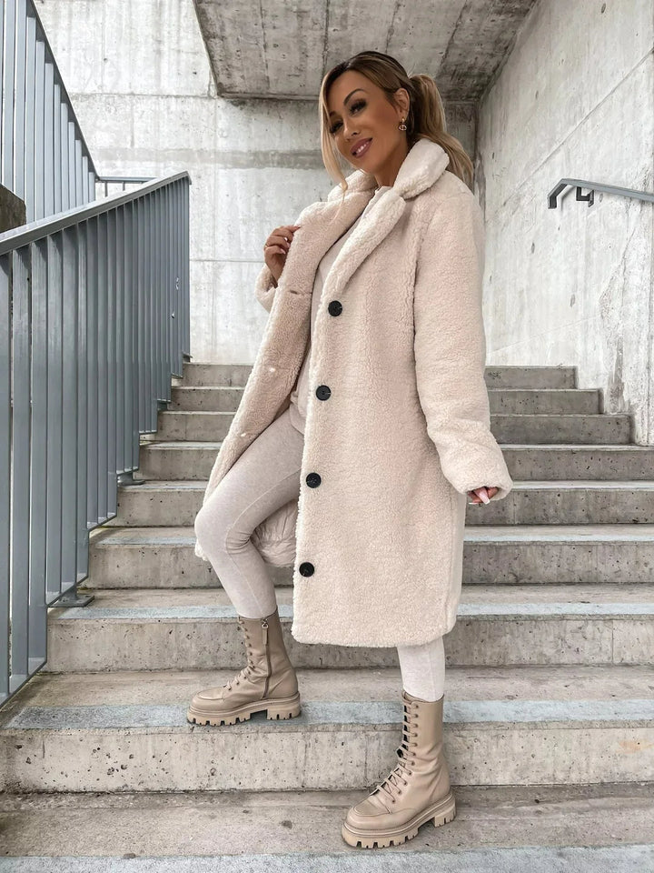 Damen Wintermantel aus Plüsch für Herbst in Creme