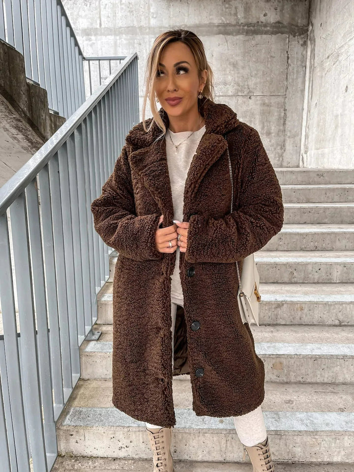 Damen Wintermantel aus Plüsch für Herbst in Hellbraun