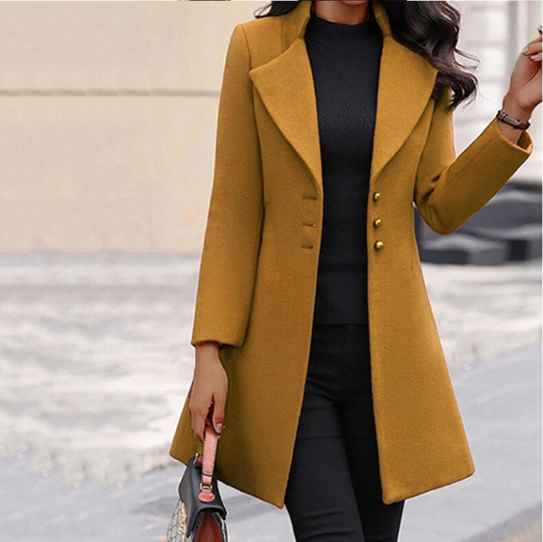 Damen Wintermantel warm elegant für den Herbst in Gelb
