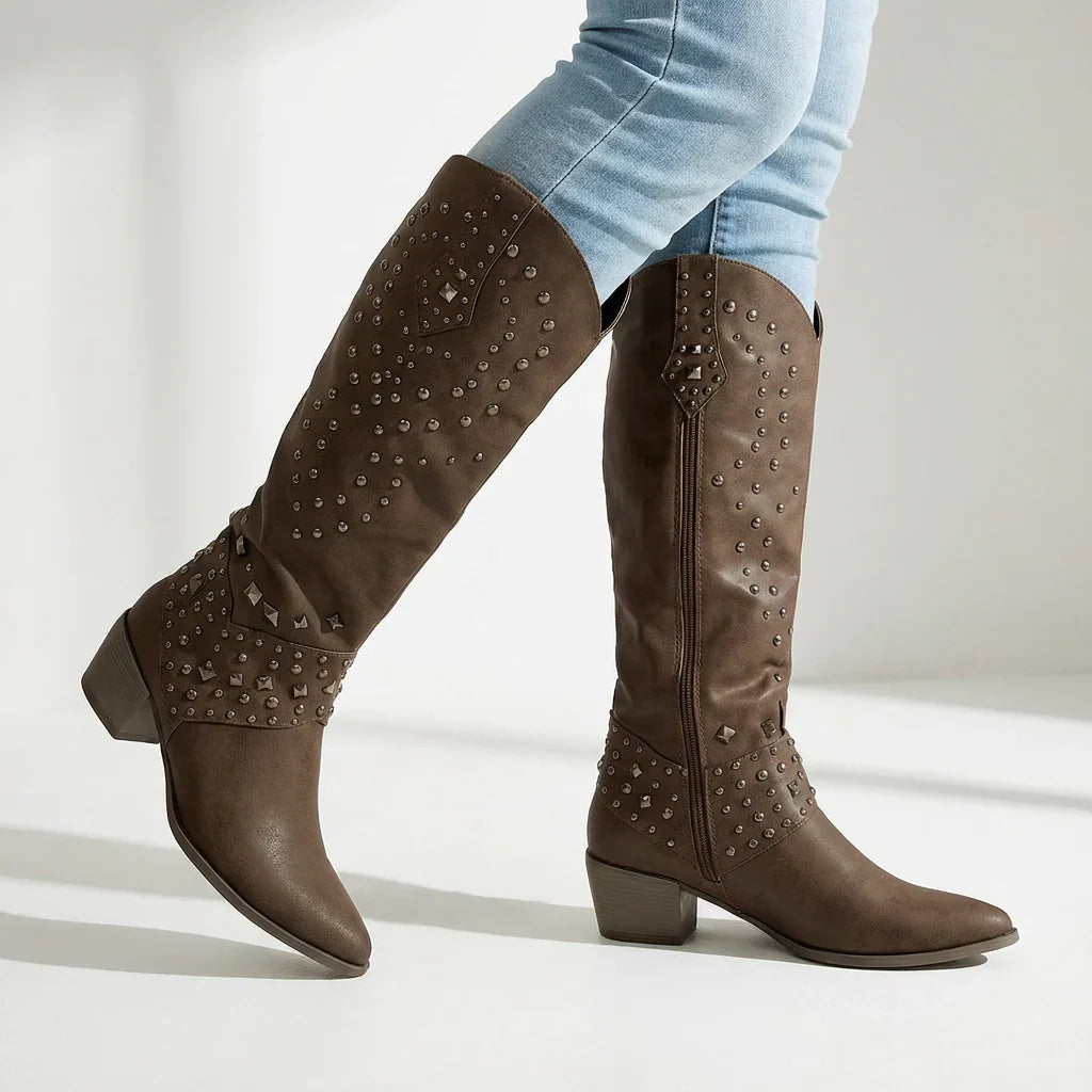 Damen Winterstiefel Western-Stil mit Spitzschuh Nieten in Braun
