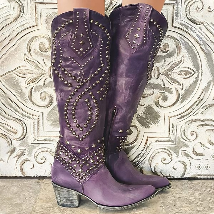 Damen Winterstiefel Western-Stil mit Spitzschuh Nieten in Lila