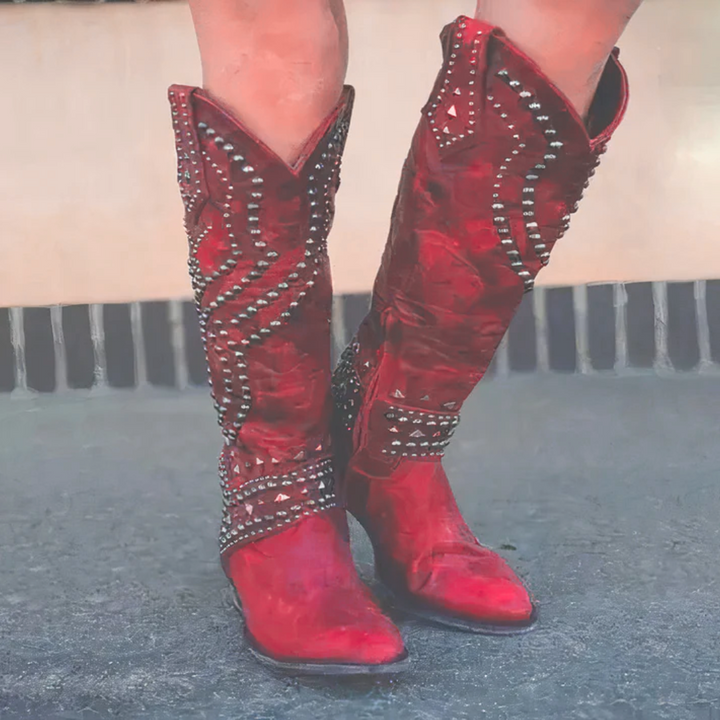 Damen Winterstiefel Western-Stil mit Spitzschuh Nieten in Rot