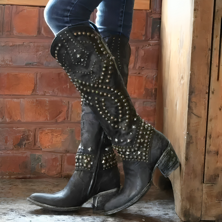 Damen Winterstiefel Western-Stil mit Spitzschuh Nieten in Schwarz