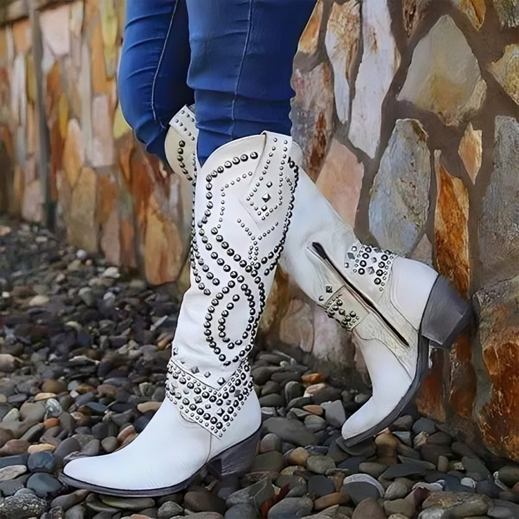 Damen Winterstiefel Western-Stil mit Spitzschuh Nieten in Weiß
