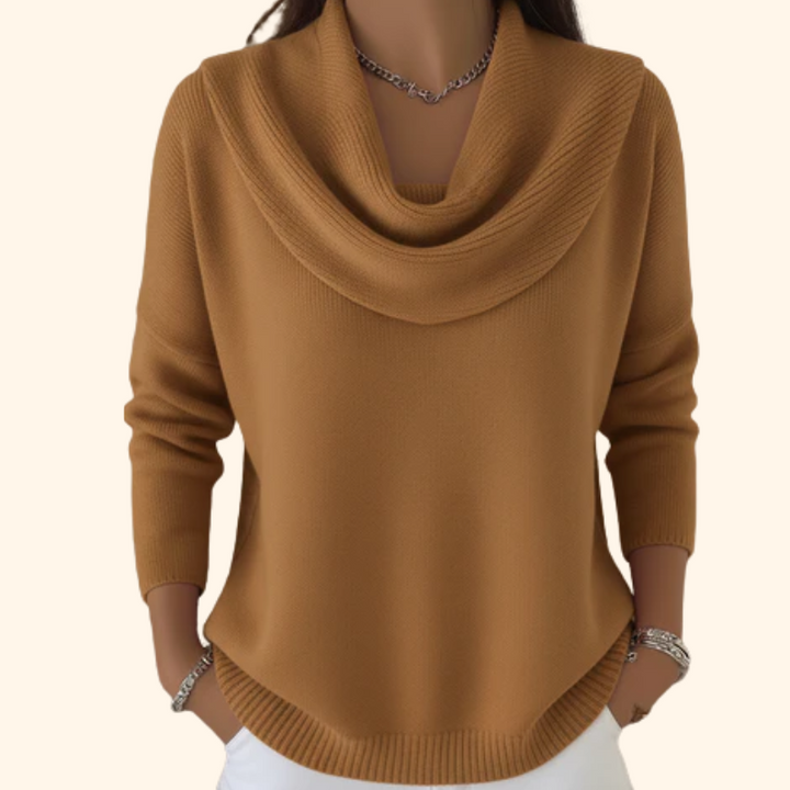 Elegante Damen Strickjacke mit drapierten Wasserfallkragen in Braun