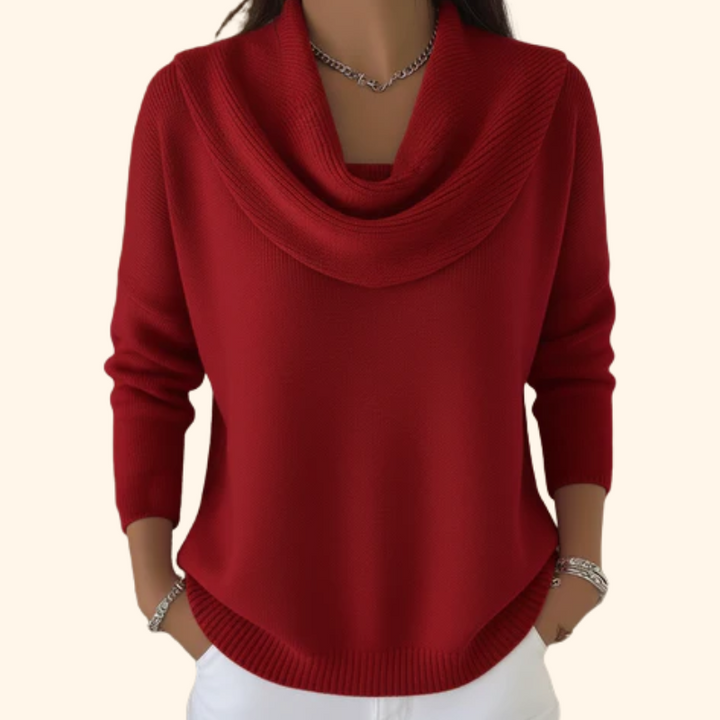 Elegante Damen Strickjacke mit drapierten Wasserfallkragen in Rot