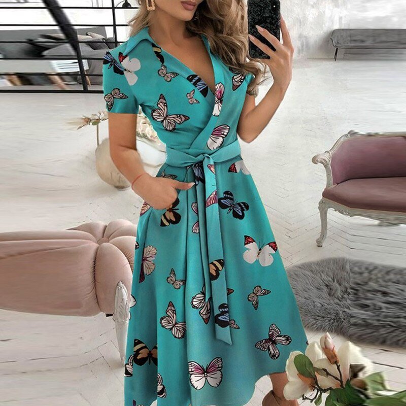 Elegantes Damen Kleid zum Wickeln mit A-Linie in Schmetterling