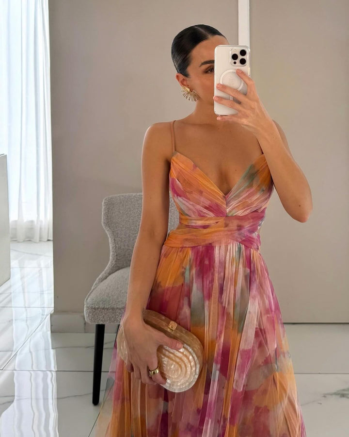 Elin Romantisches Chiffon-Maxikleid mit Blumenprint und Trägern Foto 2