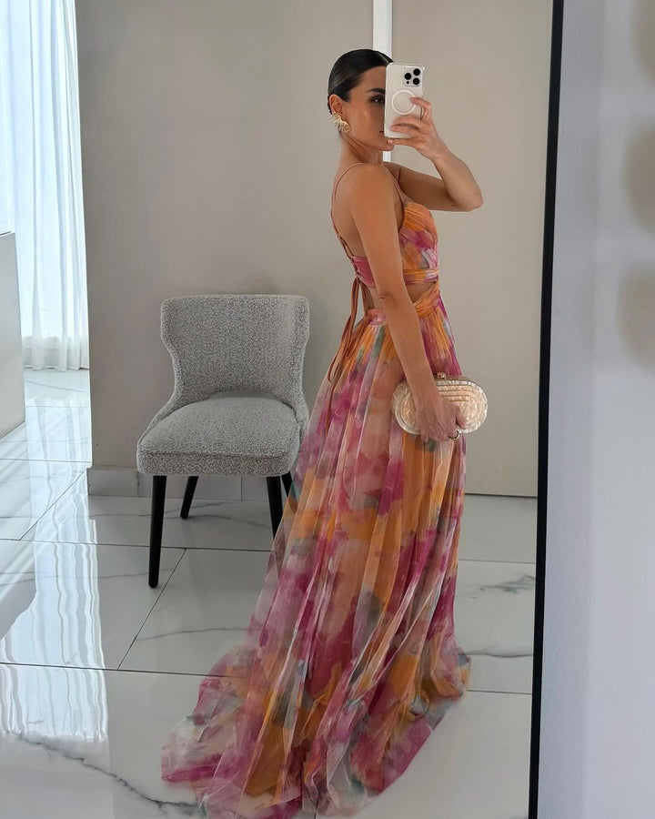Elin Romantisches Chiffon-Maxikleid mit Blumenprint und Trägern Foto 3