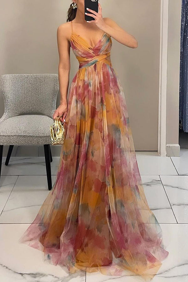 Elin Romantisches Chiffon-Maxikleid mit Blumenprint und Trägern Foto 4