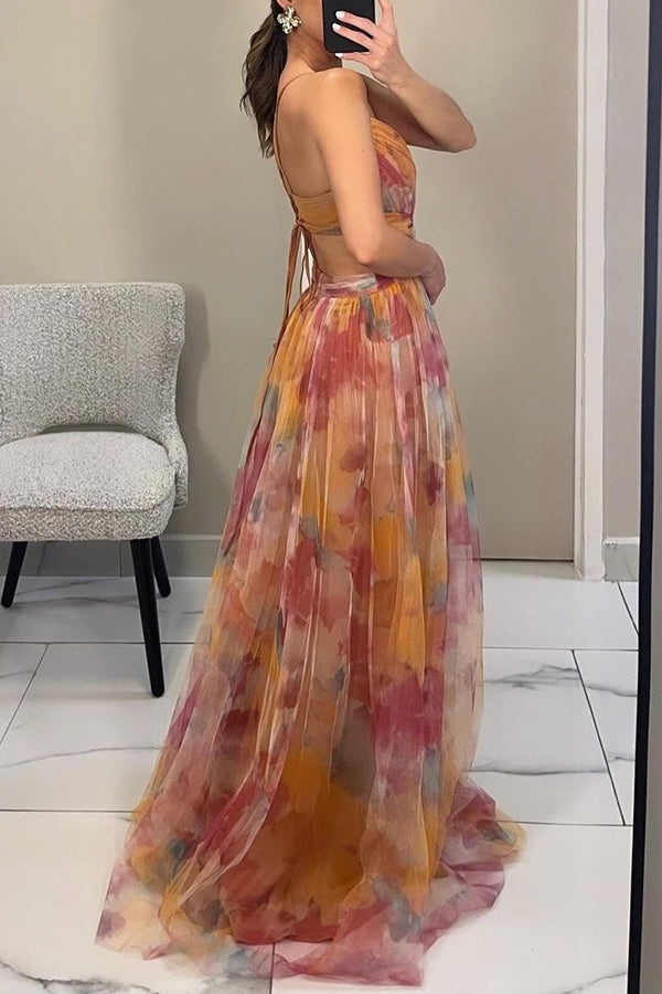 Elin Romantisches Chiffon-Maxikleid mit Blumenprint und Trägern Foto 5