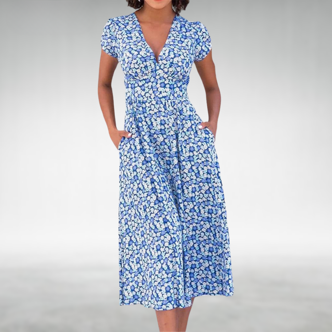 Femke Blau-weißes Blumenkleid mit Knopfleiste in Midi-Länge Foto 1
