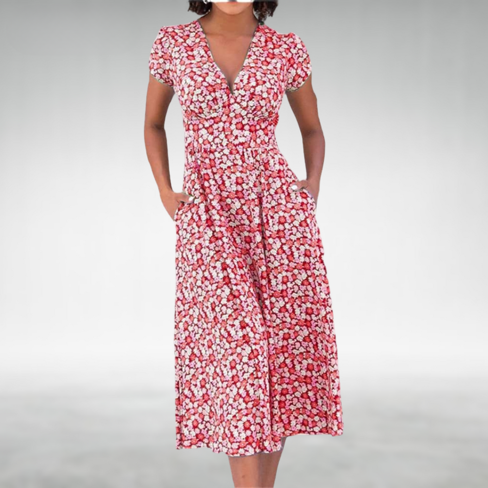 Femke Blau-weißes Blumenkleid mit Knopfleiste in Midi-Länge Foto 2