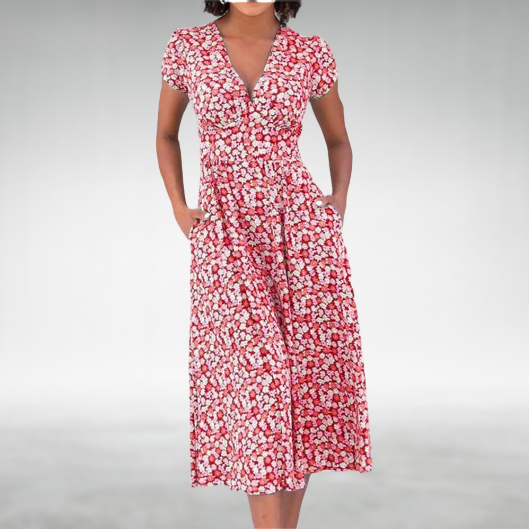 Femke Blau-weißes Blumenkleid mit Knopfleiste in Midi-Länge Foto 2