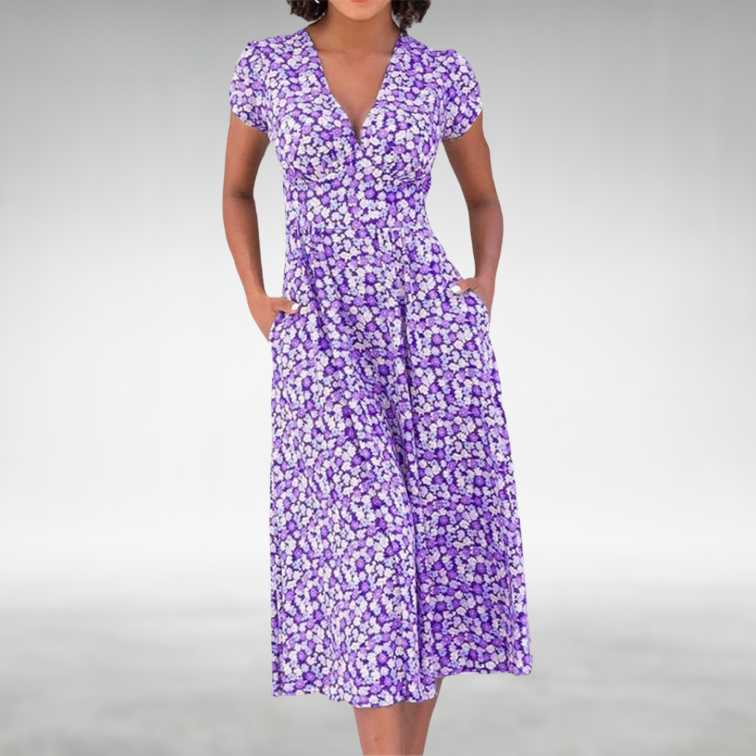 Femke Blau-weißes Blumenkleid mit Knopfleiste in Midi-Länge Foto 3
