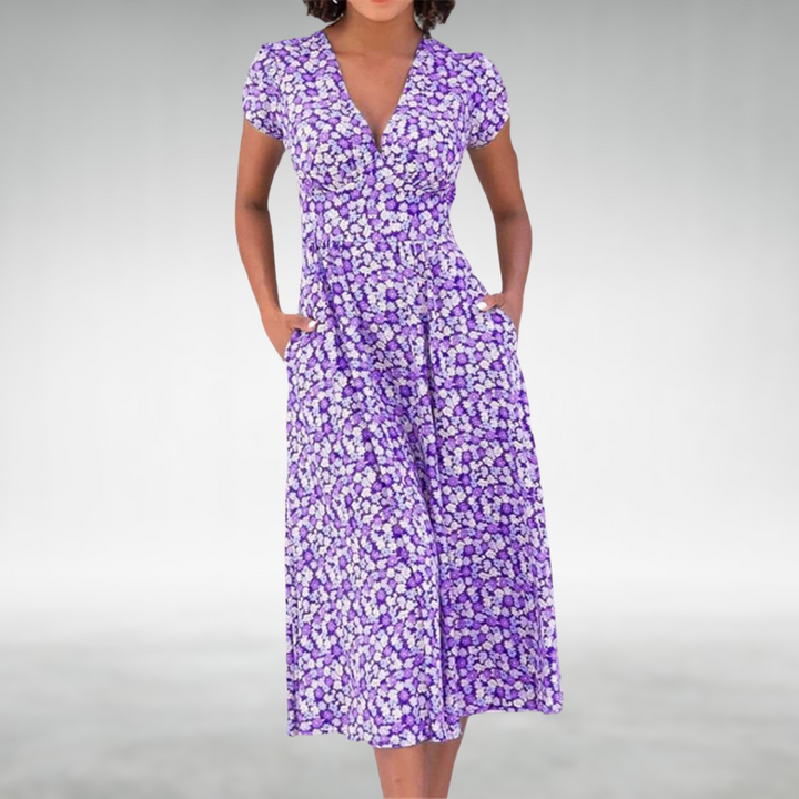 Femke Blau-weißes Blumenkleid mit Knopfleiste in Midi-Länge Foto 3