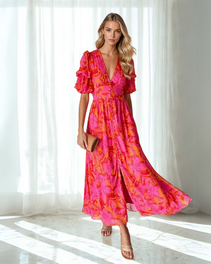 Gesa Florales Maxikleid mit V-Ausschnitt und Volantärmeln Foto 3