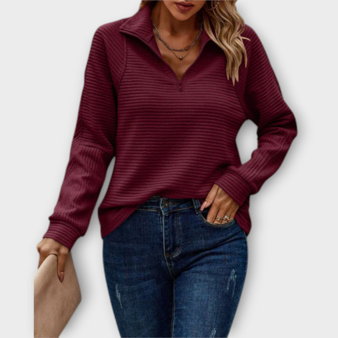 Komfortable Damen Strickjacke mit V-Ausschnitt und Reißverschluss in Rot