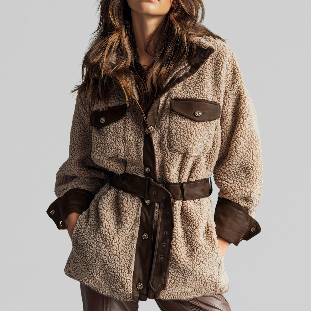 Lange Herbstjacke für Damen mit Gürtel in Braun