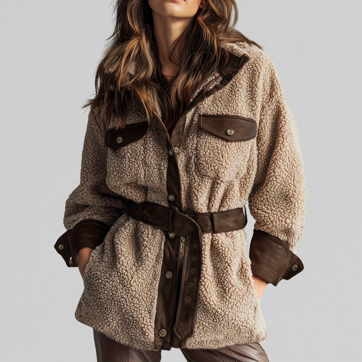 Lange Herbstjacke für Damen mit Gürtel in Braun